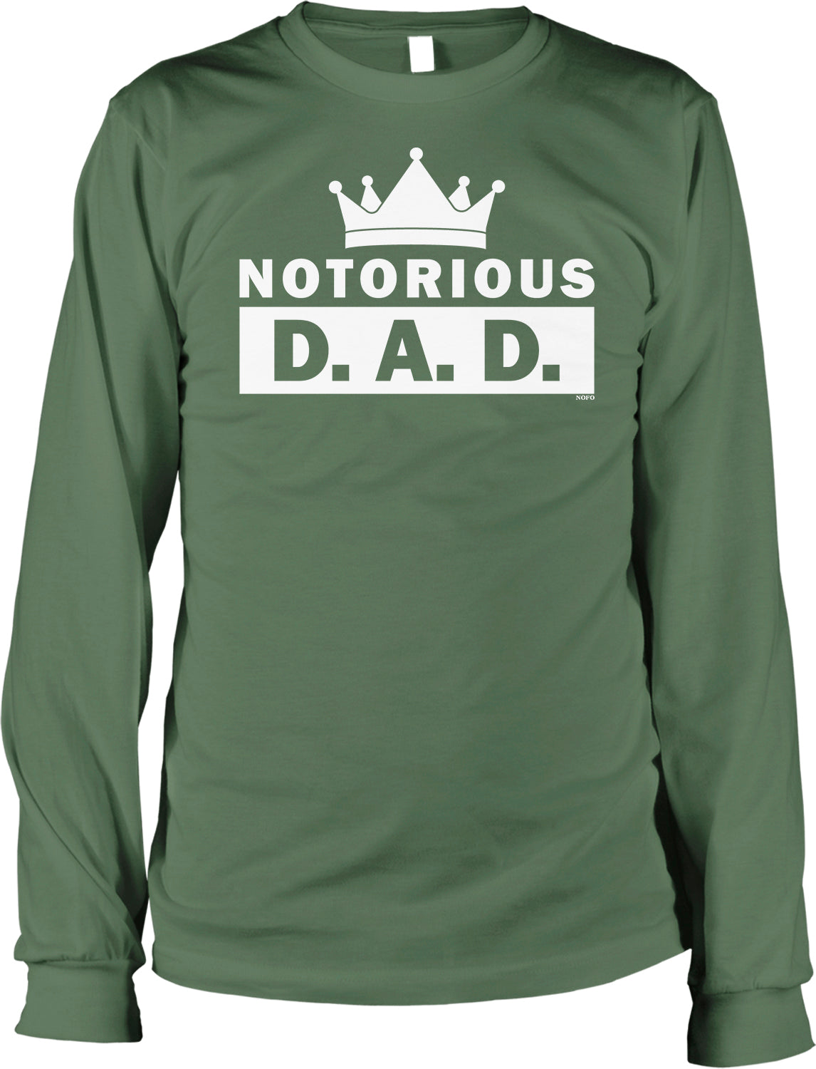 A green long-sleeved shirt with a white text logo that says "NOTORIOUS D.A.D."