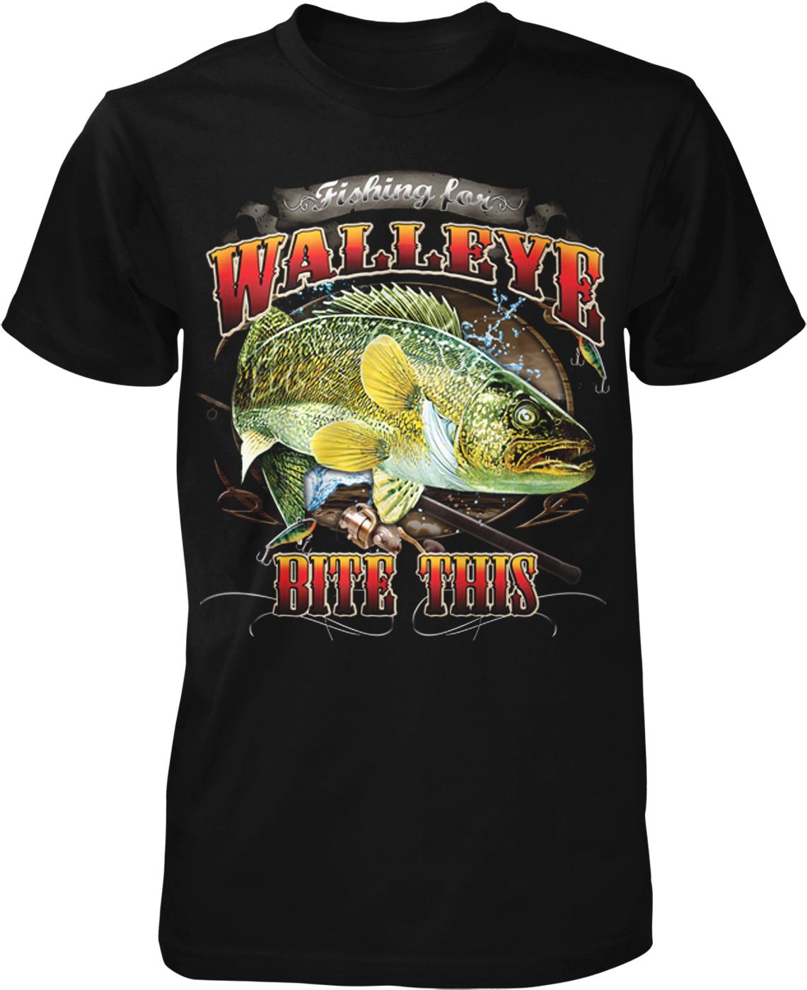 A black t-shirt with a graphic design featuring a large fish and the text "Fishing for WALLEYE BITE THIS".