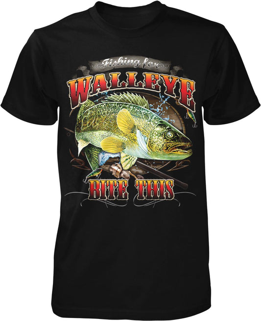 A black t-shirt with a graphic design featuring a large fish and the text "Fishing for WALLEYE BITE THIS".