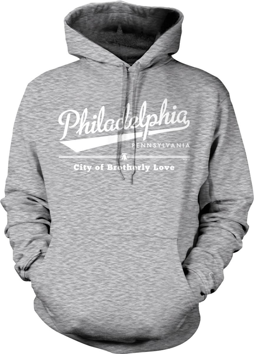 A gray hoodie with the text "Philadelphia, Pennsylvania" printed on it.