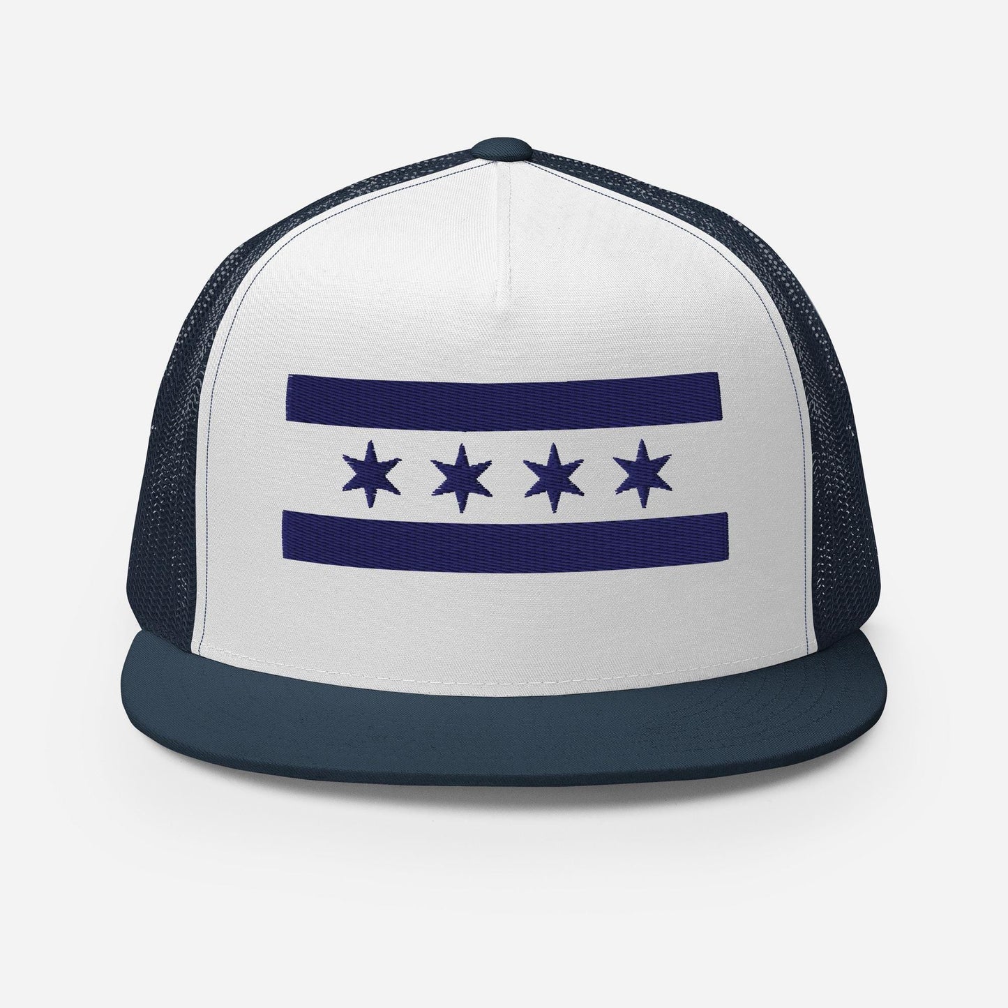 A white and navy blue baseball cap with a graphic of three stars on a blue background.