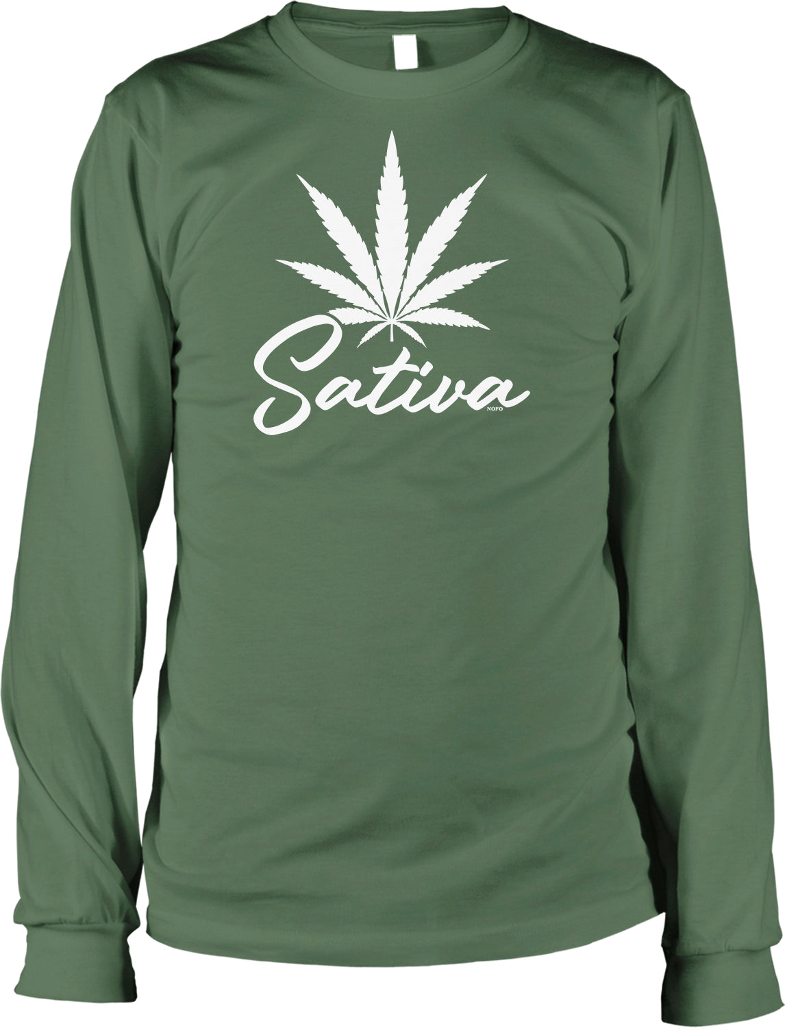 A long-sleeved green t-shirt with a white graphic design on the front, depicting a marijuana leaf and the word "Sativa" written below it.