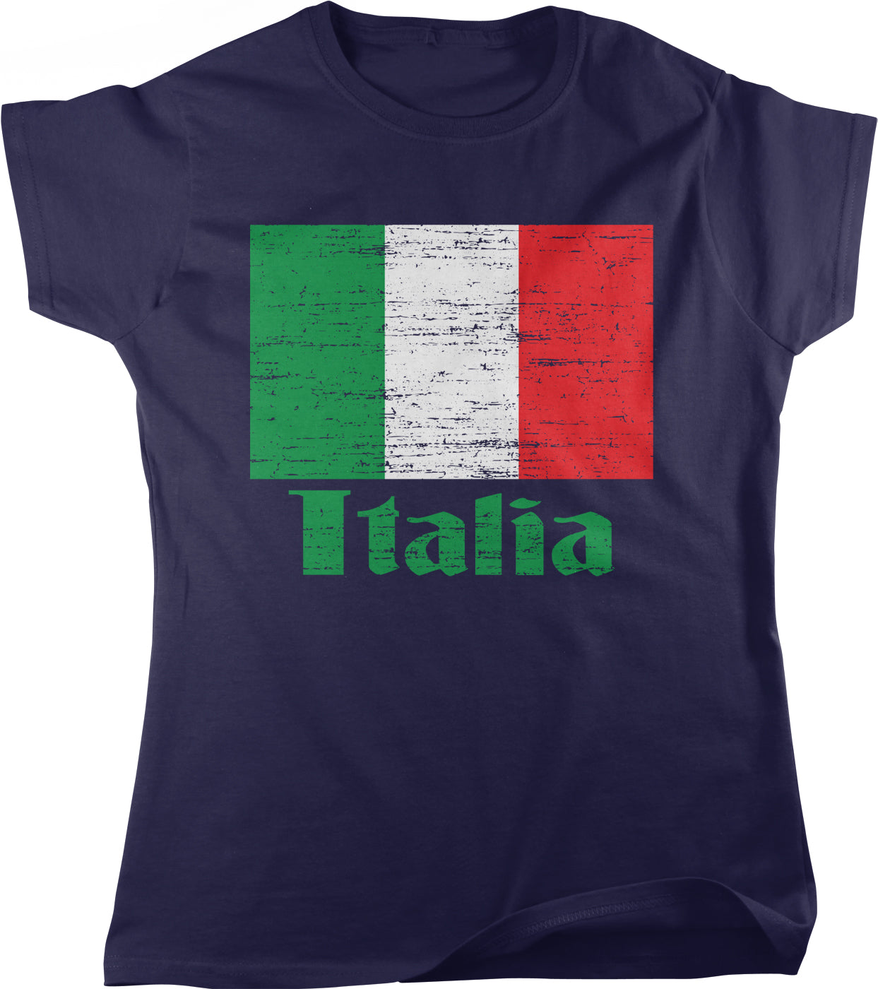 A dark blue t-shirt with a graphic design featuring the colors of the Italian flag.