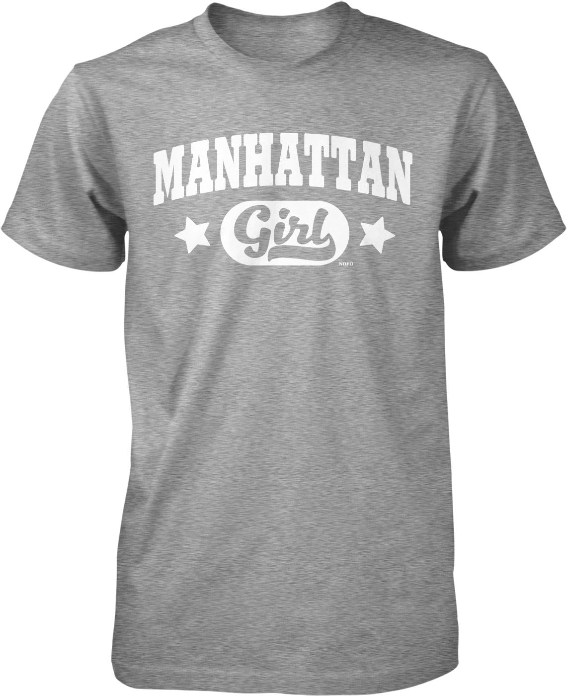 A gray t-shirt with the text "MANHATTAN Girl" printed on it in white letters.