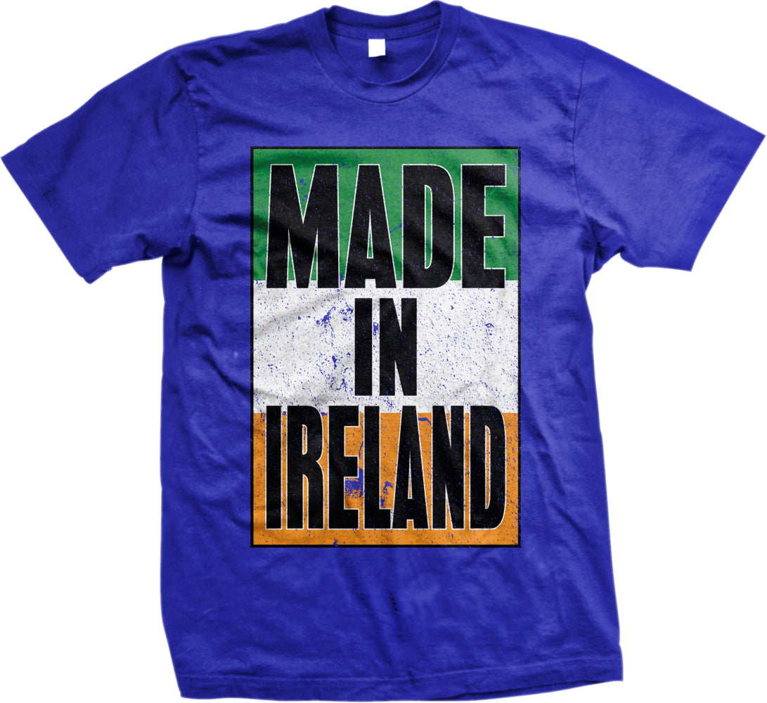 A blue t-shirt with the text "MADE IN IRELAND" printed on it.