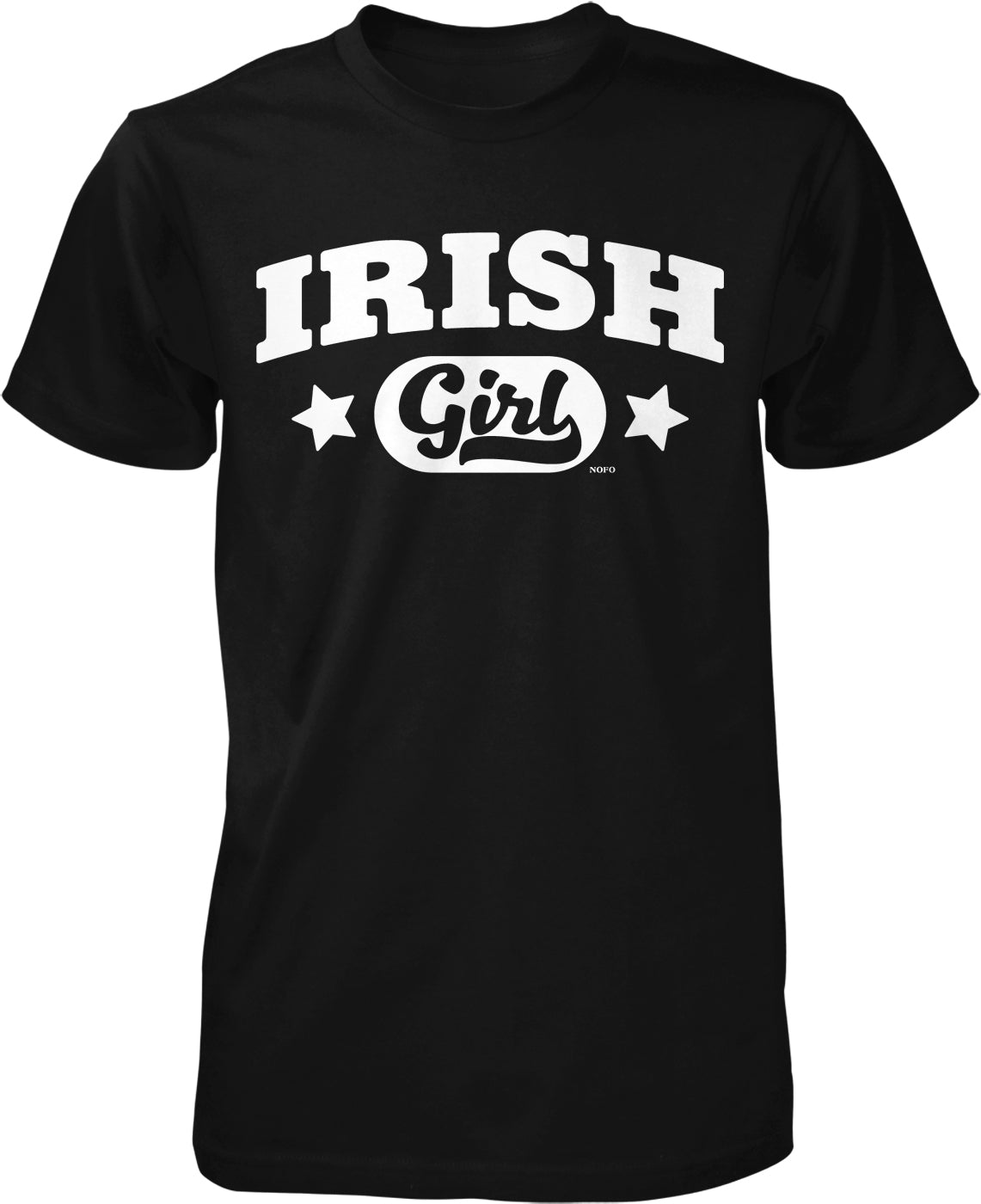 A black t-shirt with white text that says "IRISH Girl" and two white stars.