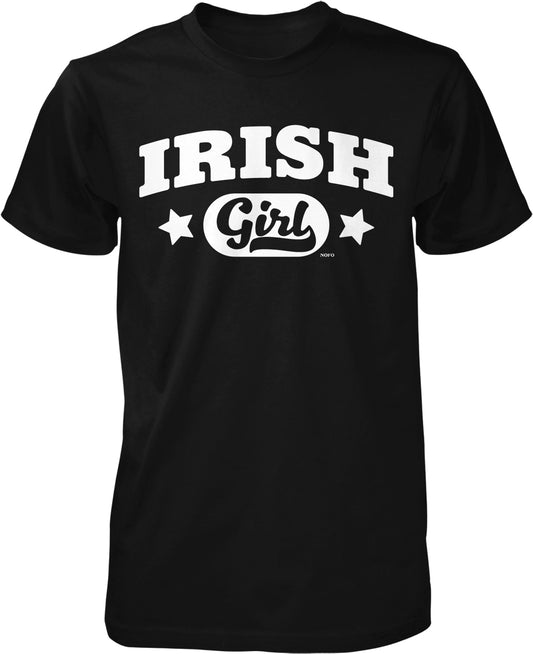 A black t-shirt with white text that says "IRISH Girl" and two white stars.