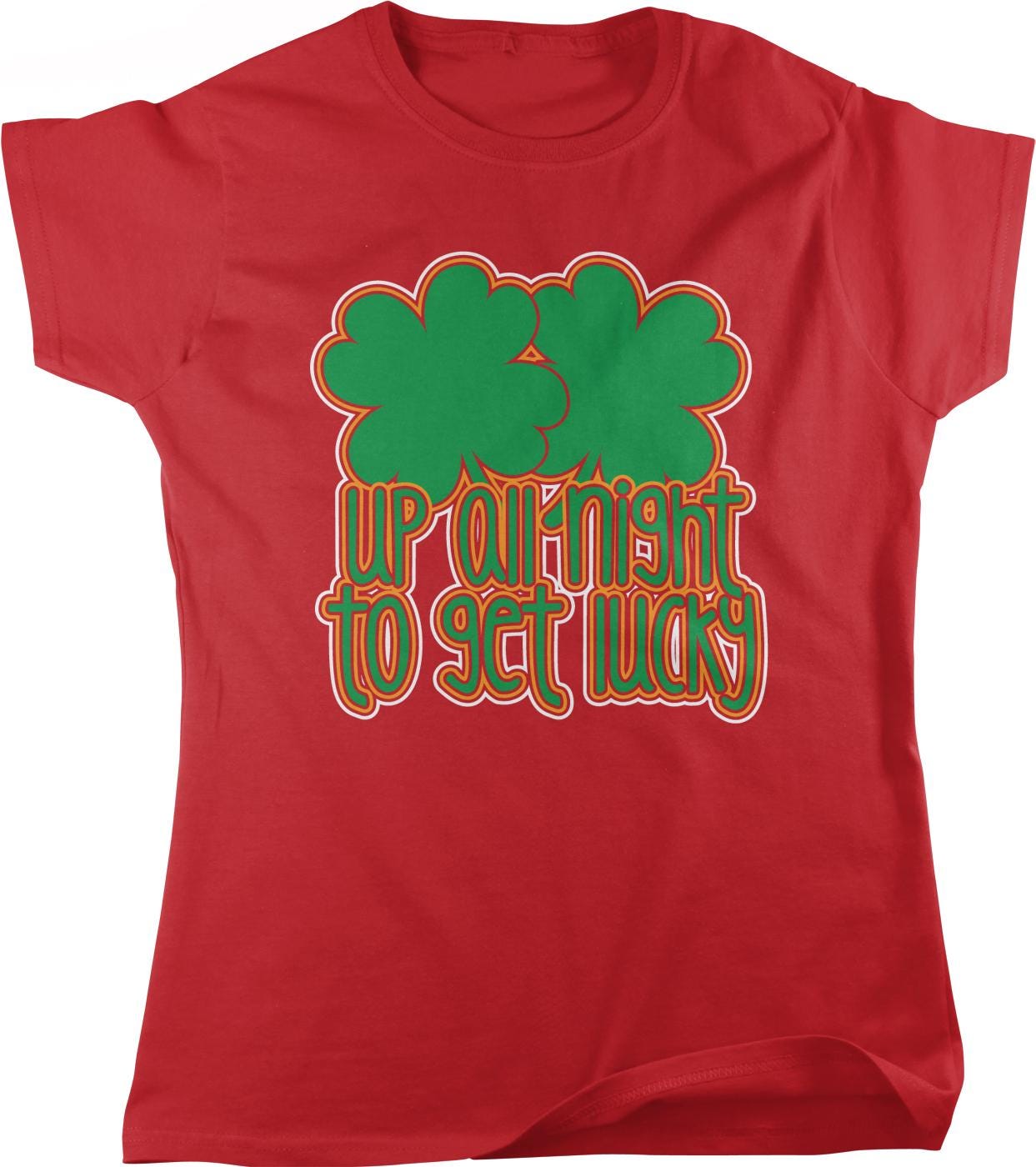 A red t-shirt with a graphic design featuring two green shamrocks and the text &quot;UP ALL NIGHT TO GET LUCKY&quot; printed on it.