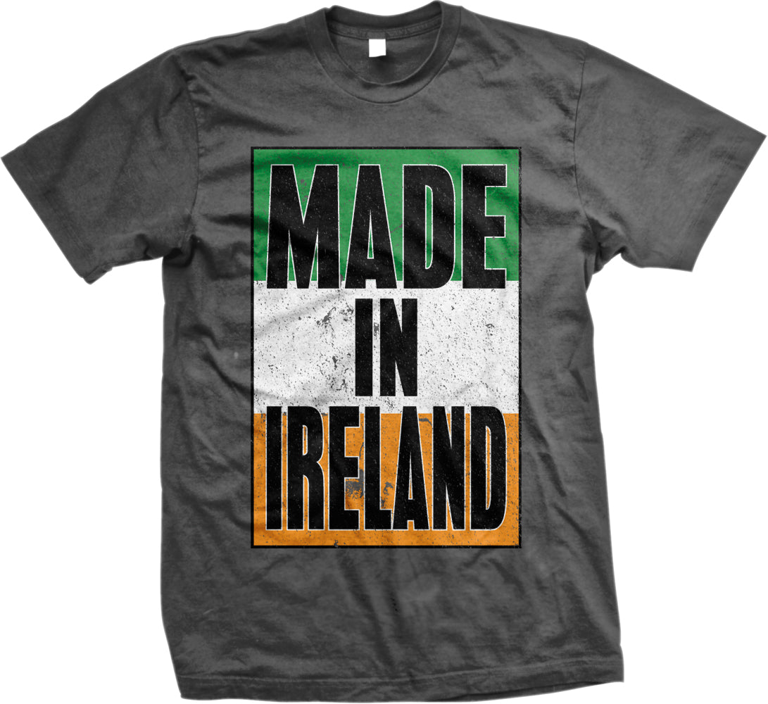 A gray t-shirt with the text "MADE IN IRELAND" printed on it in a bold, graphic style.