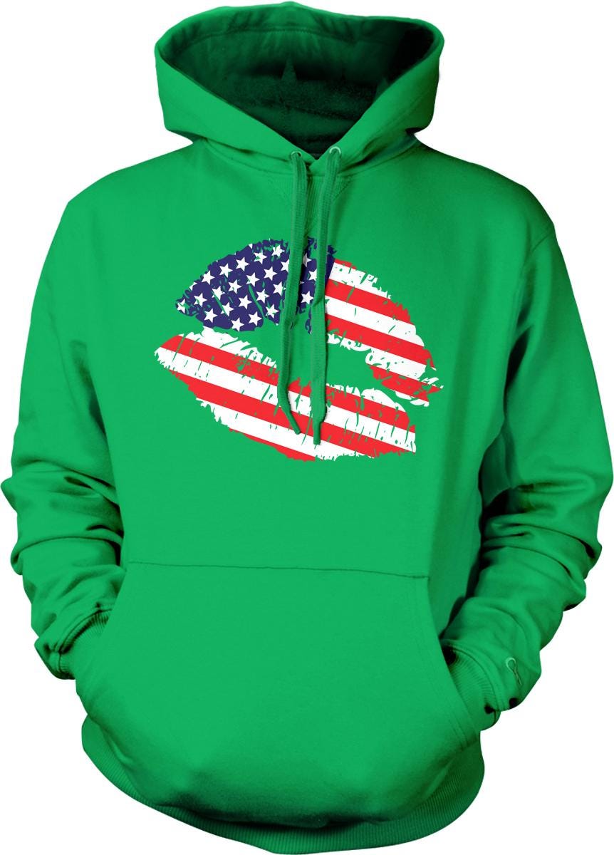 A green hoodie with a graphic design of a stylized American flag on the front.