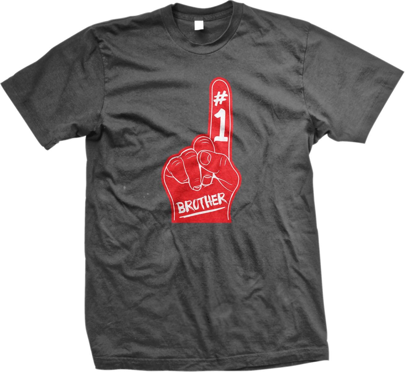 A gray t-shirt with a red graphic design depicting a hand with the number 1 and the word "BROTHER" written below it.