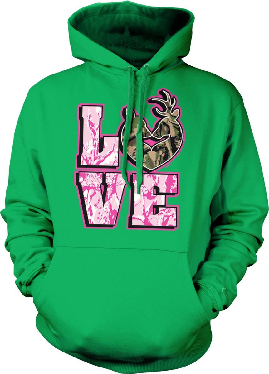 A bright green hoodie with a graphic design featuring the word "LOVE" in pink and black letters, along with a deer silhouette.
