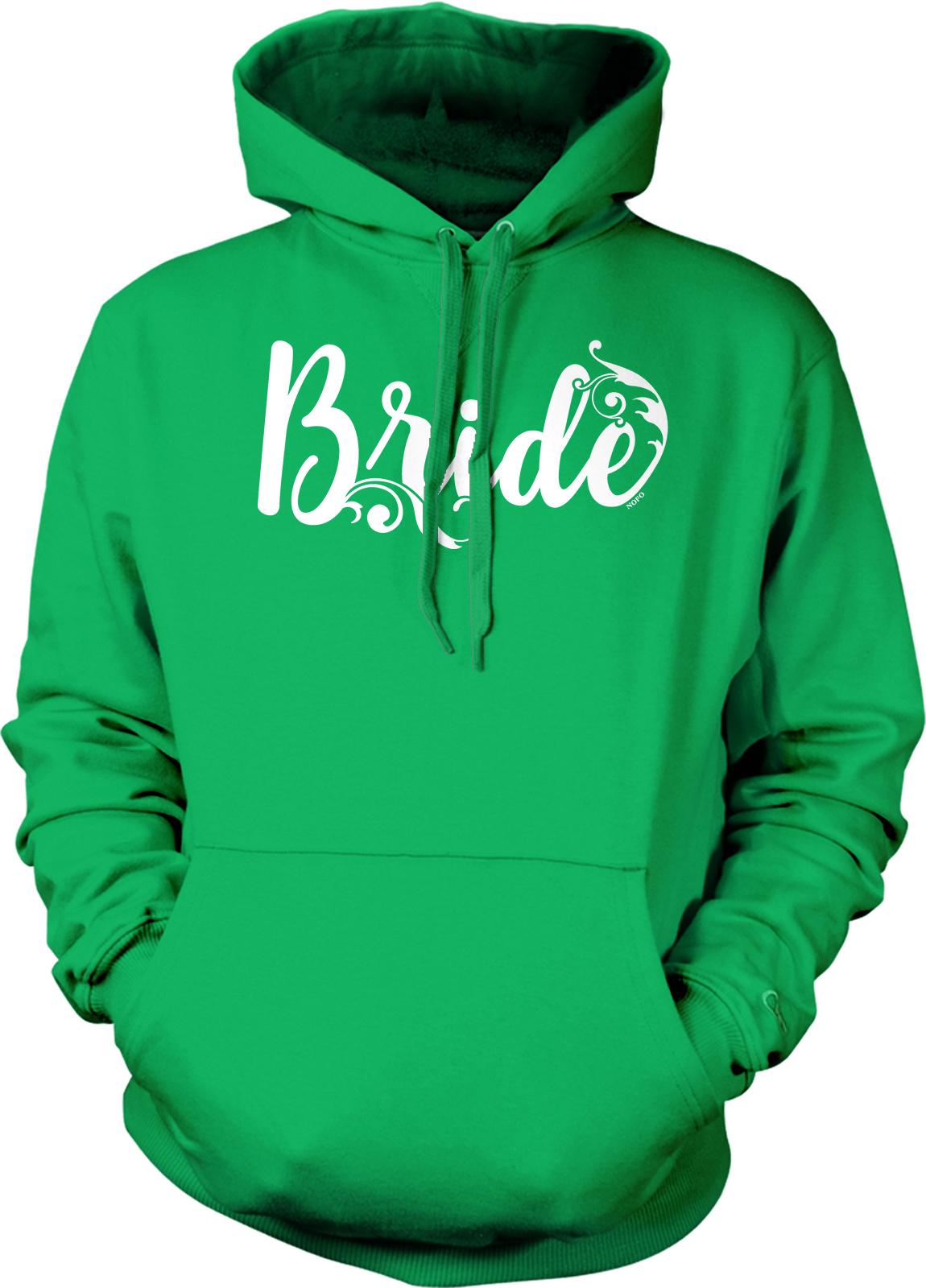 A bright green hoodie with the word "Bride" printed in white text across the front.