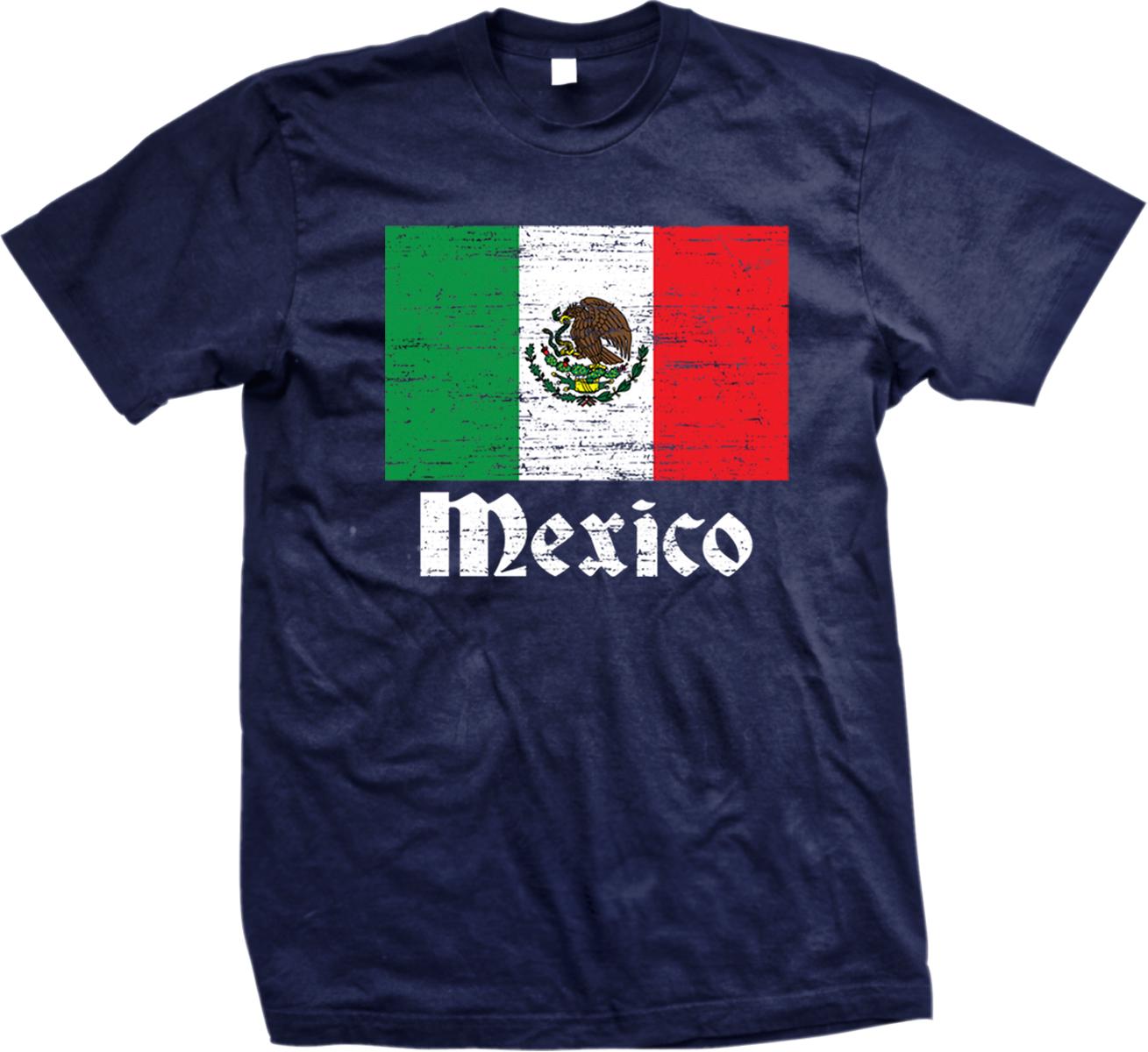 A navy blue t-shirt with the text "Mexico" printed on it, along with the Mexican flag design.