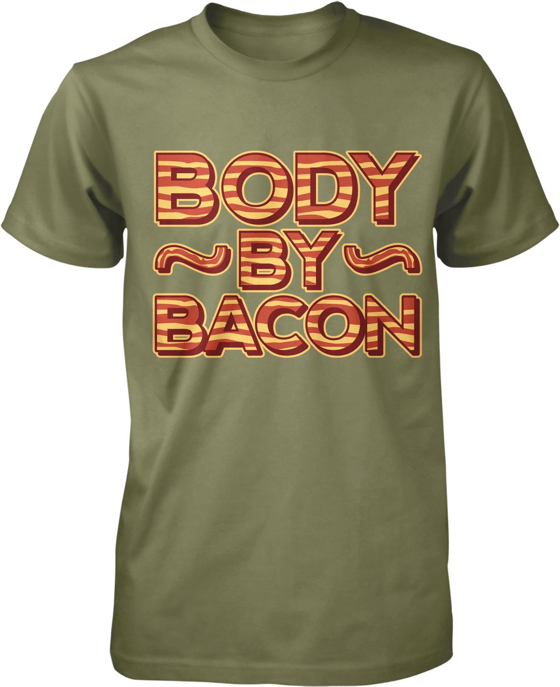 A green t-shirt with the text "BODY BY BACON" printed on it.