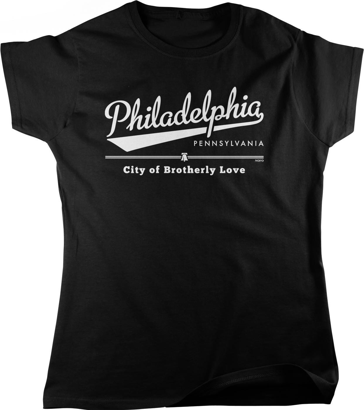 A black t-shirt with white text and graphics printed on it.