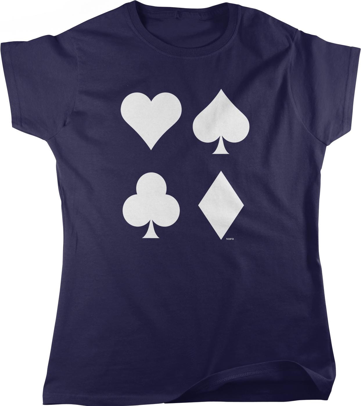 A navy blue t-shirt with a graphic design featuring four white playing card symbols: a heart, a spade, a club, and a diamond.