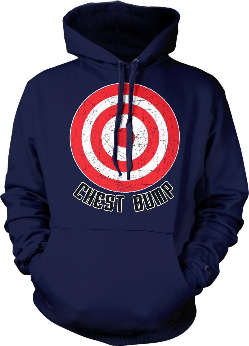 A navy blue hoodie with a graphic design on the front, depicting a red and white target with the text "CHEST BUMP" below it.