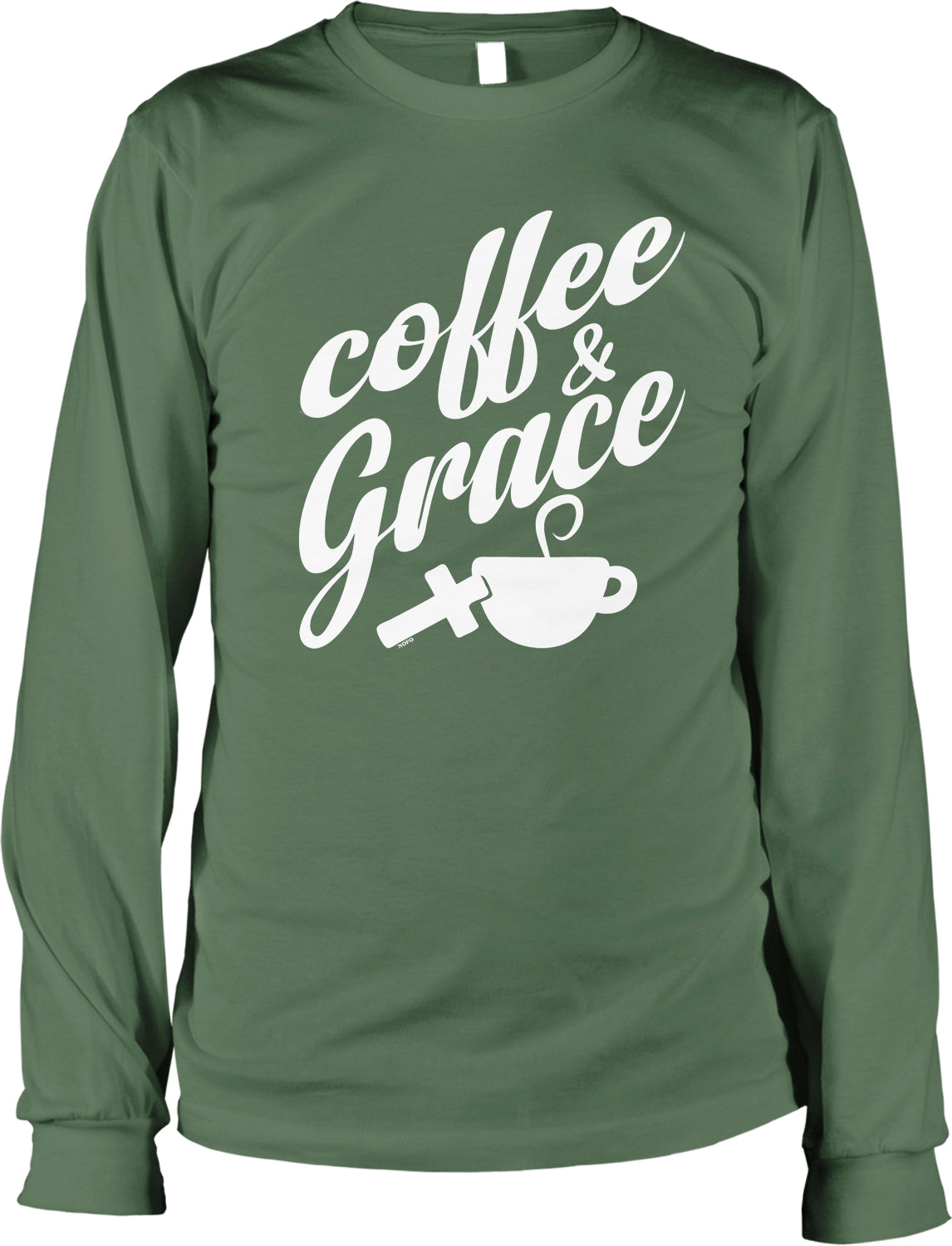 A green long-sleeved t-shirt with the text "coffee & grace" printed on it.