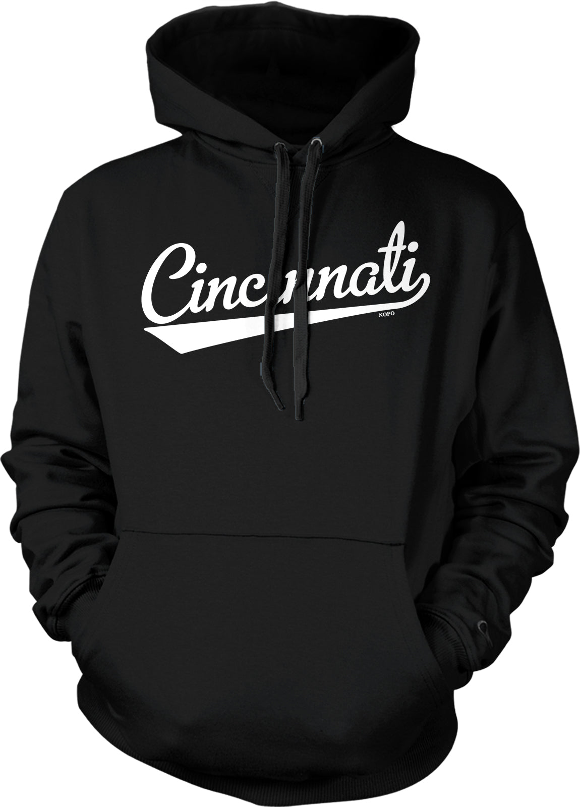 A black hoodie with the word "CINCINNATI" printed in white on the front.