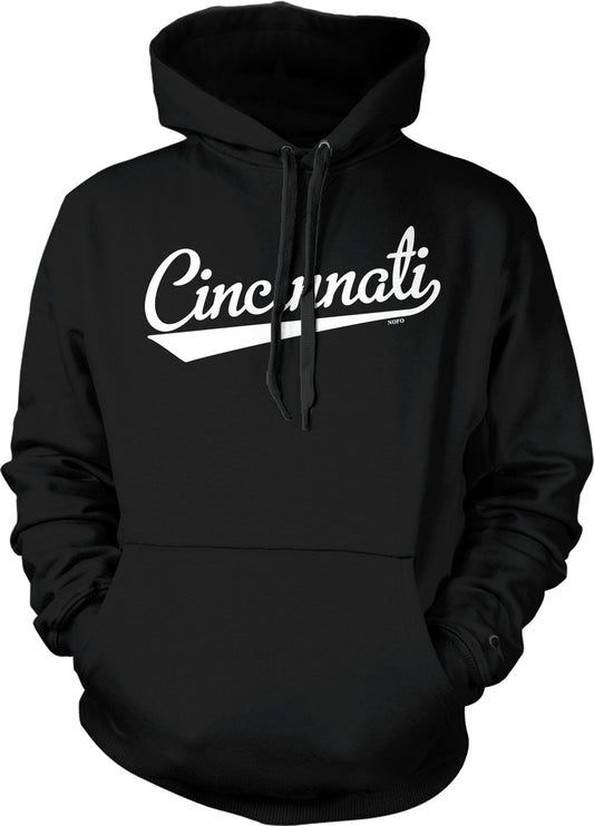 A black hoodie with the word "CINCINNATI" printed in white on the front.