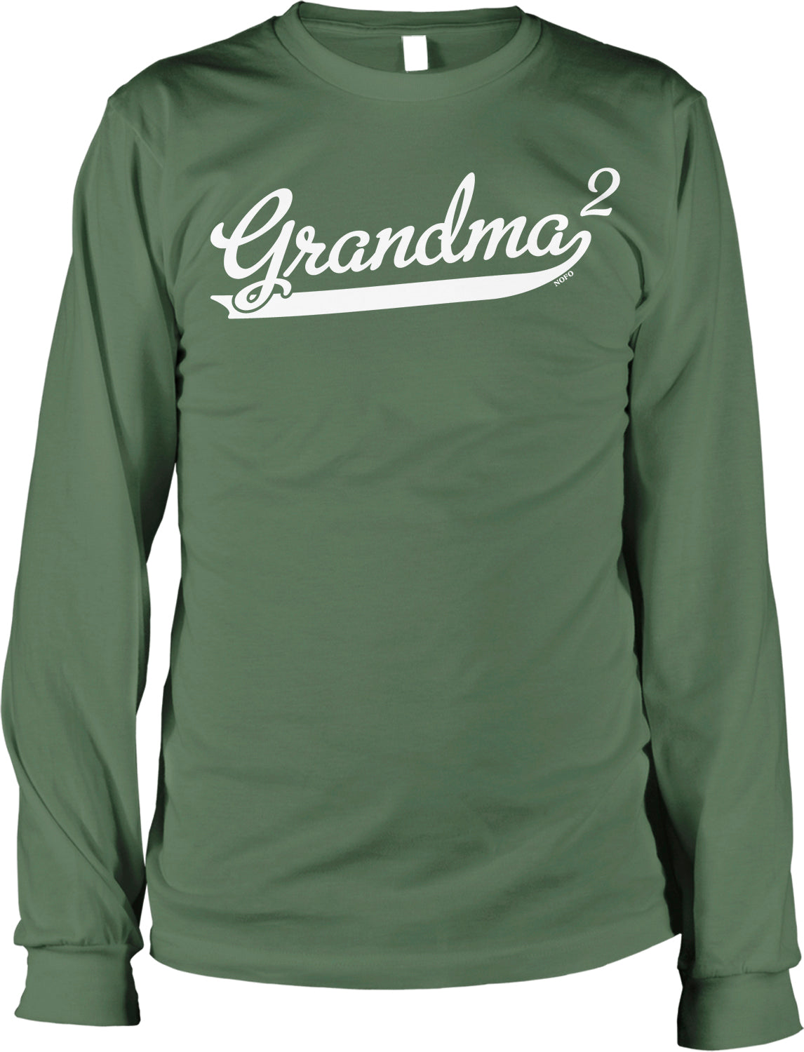 A long-sleeved green t-shirt with the text "Grandma 2" printed on it in white lettering.