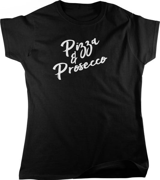 A black t-shirt with white text printed on it.