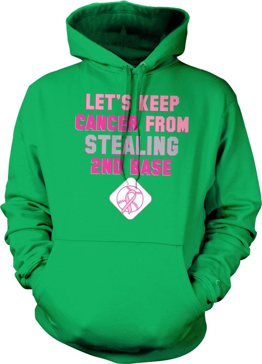 A bright green hoodie with text and a pink symbol on it.