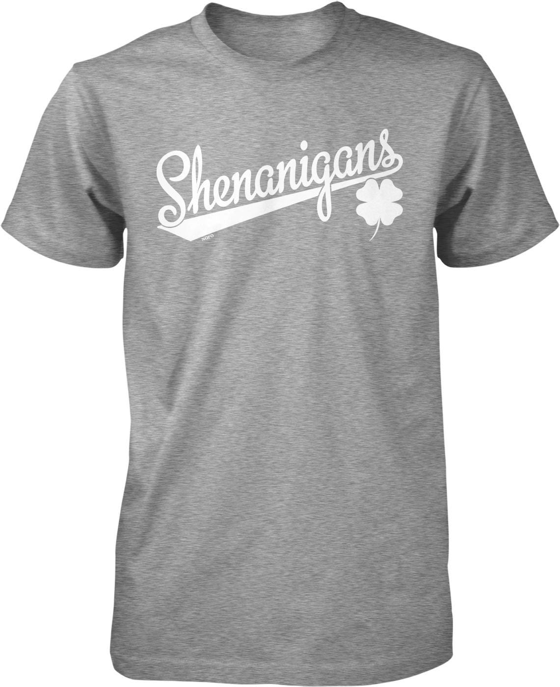 A gray t-shirt with the text "Shenanigans" printed on it in a cursive font.