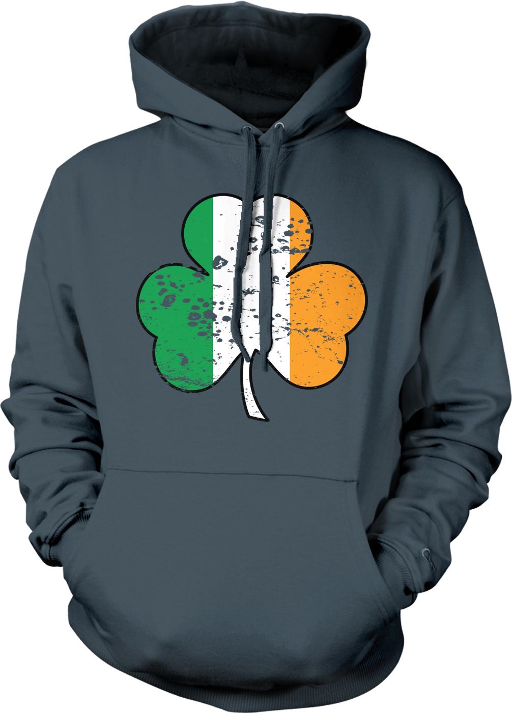 A grey hoodie with a graphic of a cloverleaf design in the colors of the Irish flag.