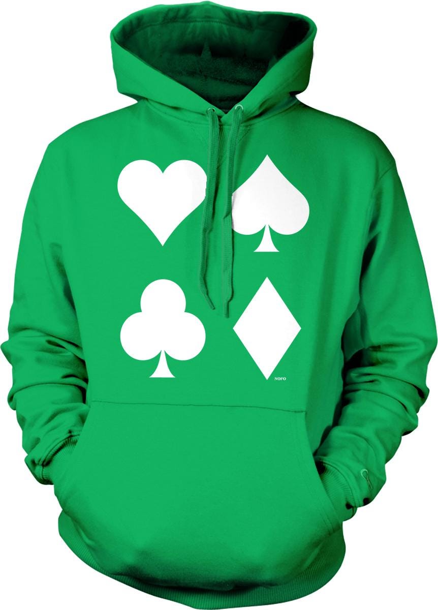 A bright green hoodie with white symbols of a heart, spade, club, and diamond printed on it.
