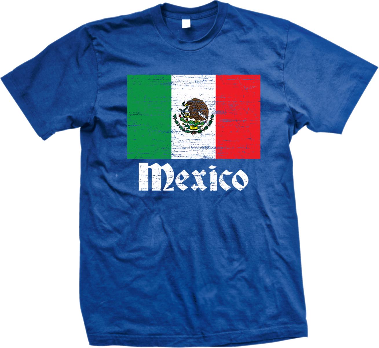 A blue t-shirt with the text "Mexico" printed on it, along with the Mexican flag design.