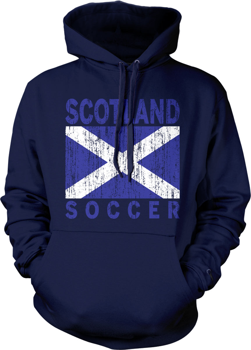 A navy blue hoodie with a graphic design featuring the flag of Scotland and the word "SOCcer" printed on it.