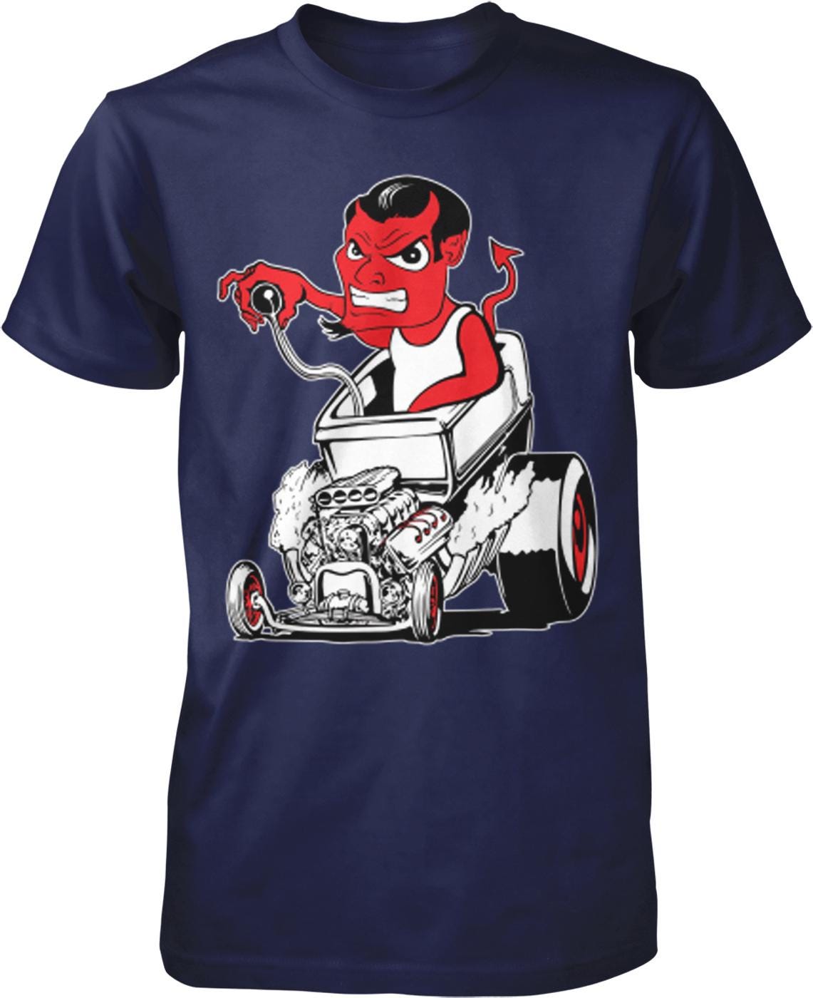 A cartoon image of a red devil-like character sitting in a car with a large engine, wearing a white tank top and appearing to be in a racing or speeding situation.
