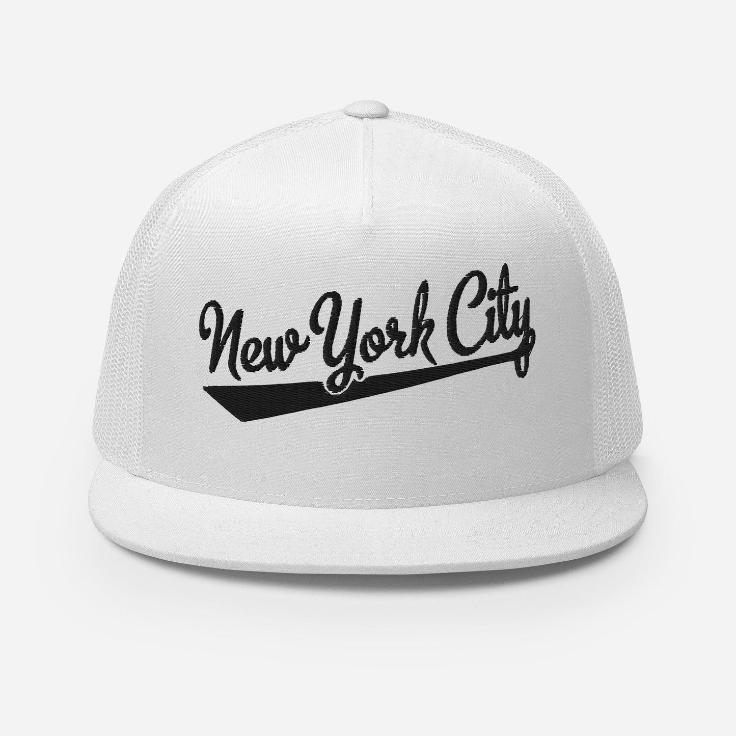 A white baseball cap with the text "New York City" printed on it.