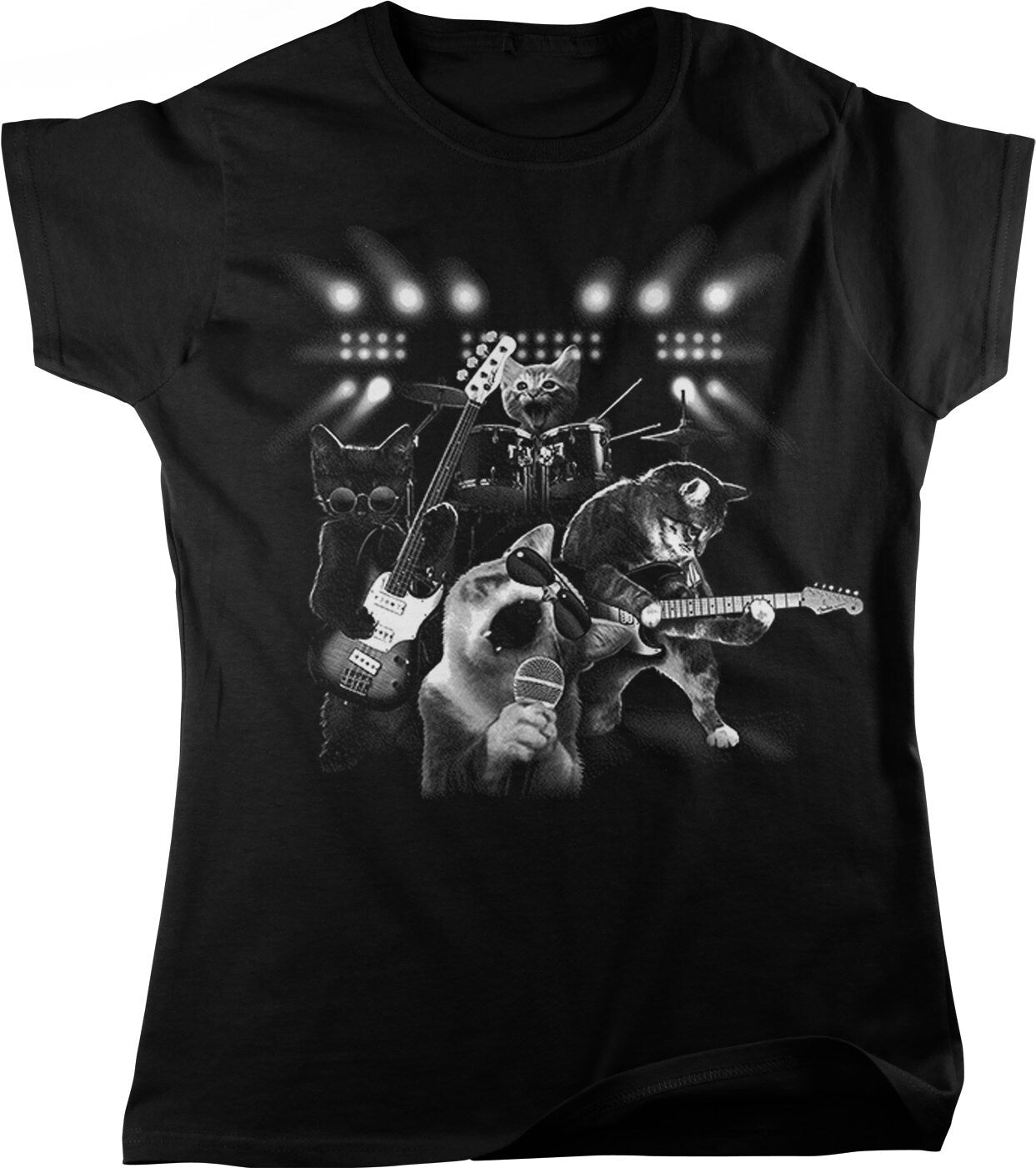 Cats Rock Band T-Shirt - Women's Graphic Tee With Cats Playing Guitar & Drums