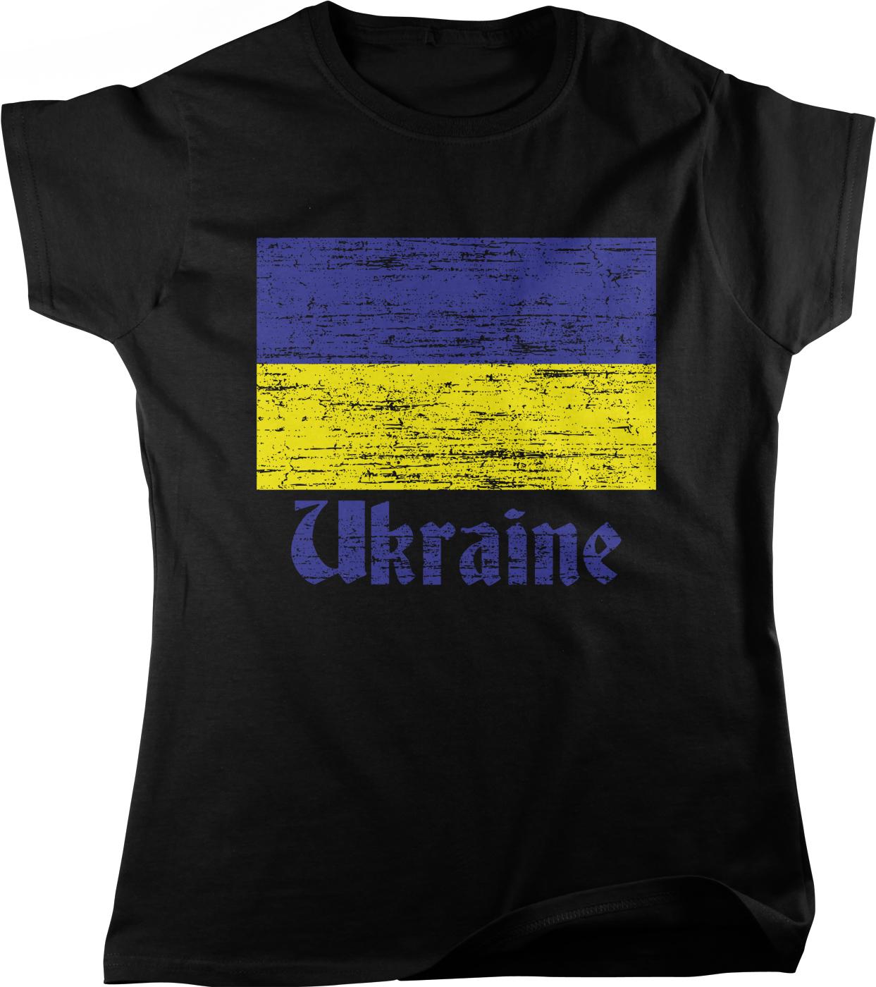 A black t-shirt with a graphic design featuring the flag of Ukraine, which consists of a blue field with a yellow diagonal stripe. The word "Ukraine" is printed below the flag.