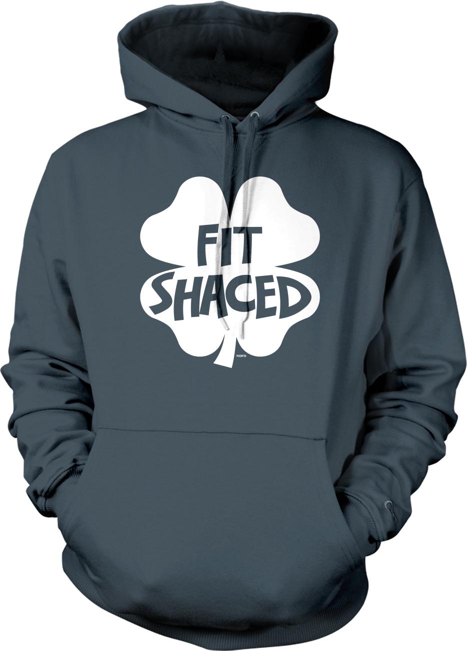 A gray hoodie with a white clover design and the text "FIT SHACED" printed on it.