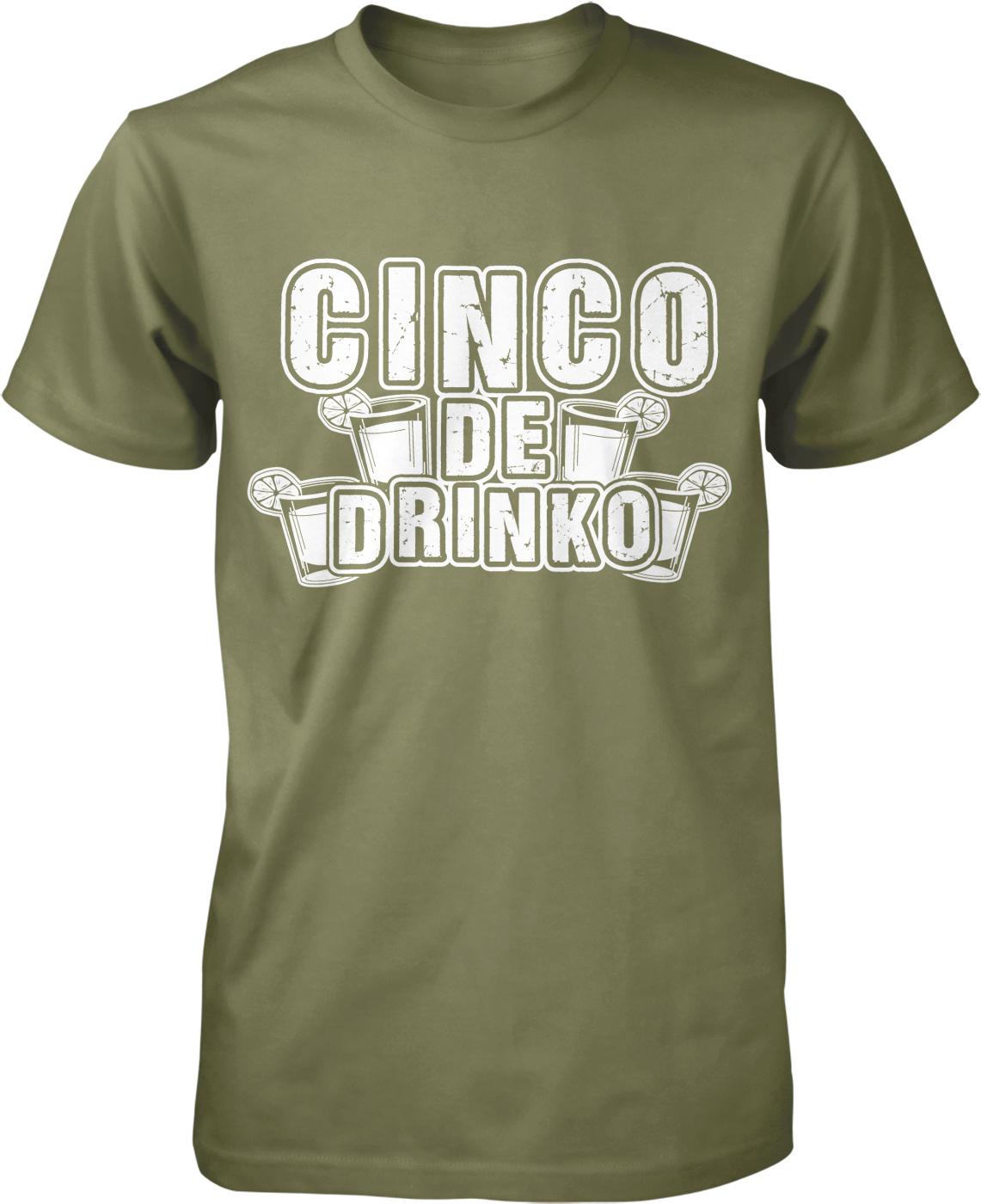 A green t-shirt with the text "CINCO DE DRINKO" printed on it.