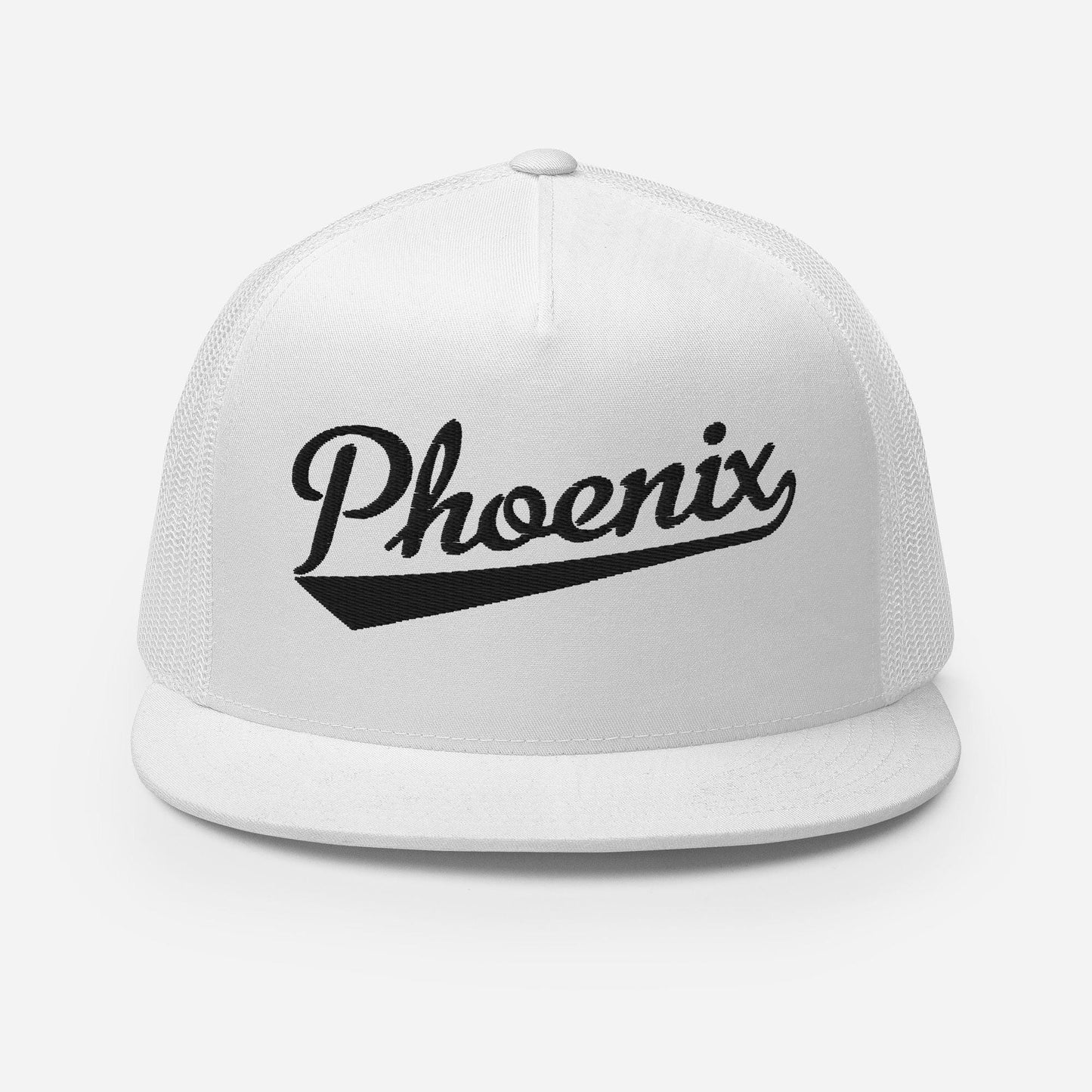 A white baseball cap with the word "Phoenix" printed on it in black text.