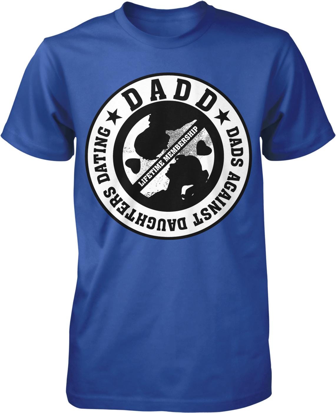 A blue t-shirt with a circular design featuring the text "DADDY" and a graphic of a person holding a sign that says "LIFETIME MEMBER".