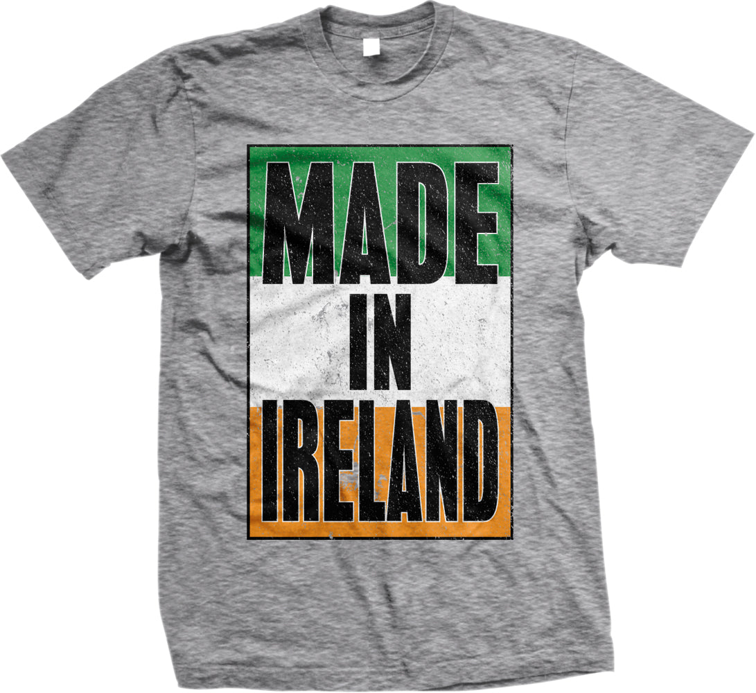 A gray t-shirt with the text "MADE IN IRELAND" printed on it in a bold, graphic style.