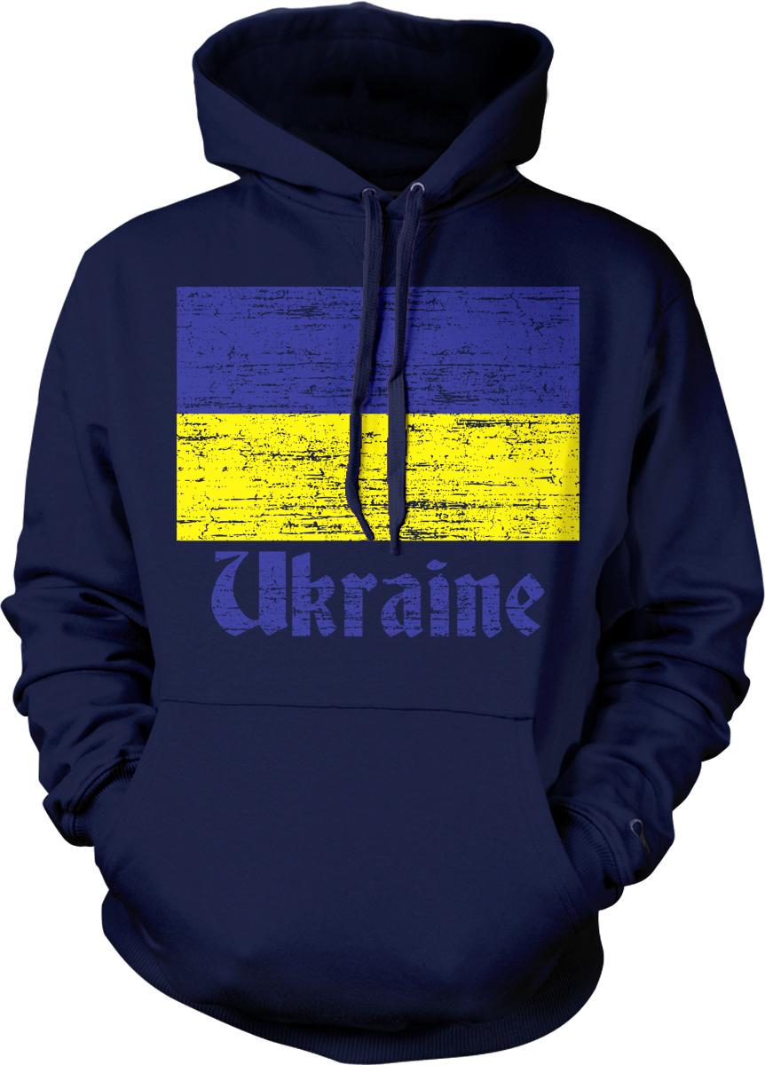 A navy blue hoodie with a graphic design featuring the word "Ukraine" in a stylized font, along with a yellow and blue striped pattern.