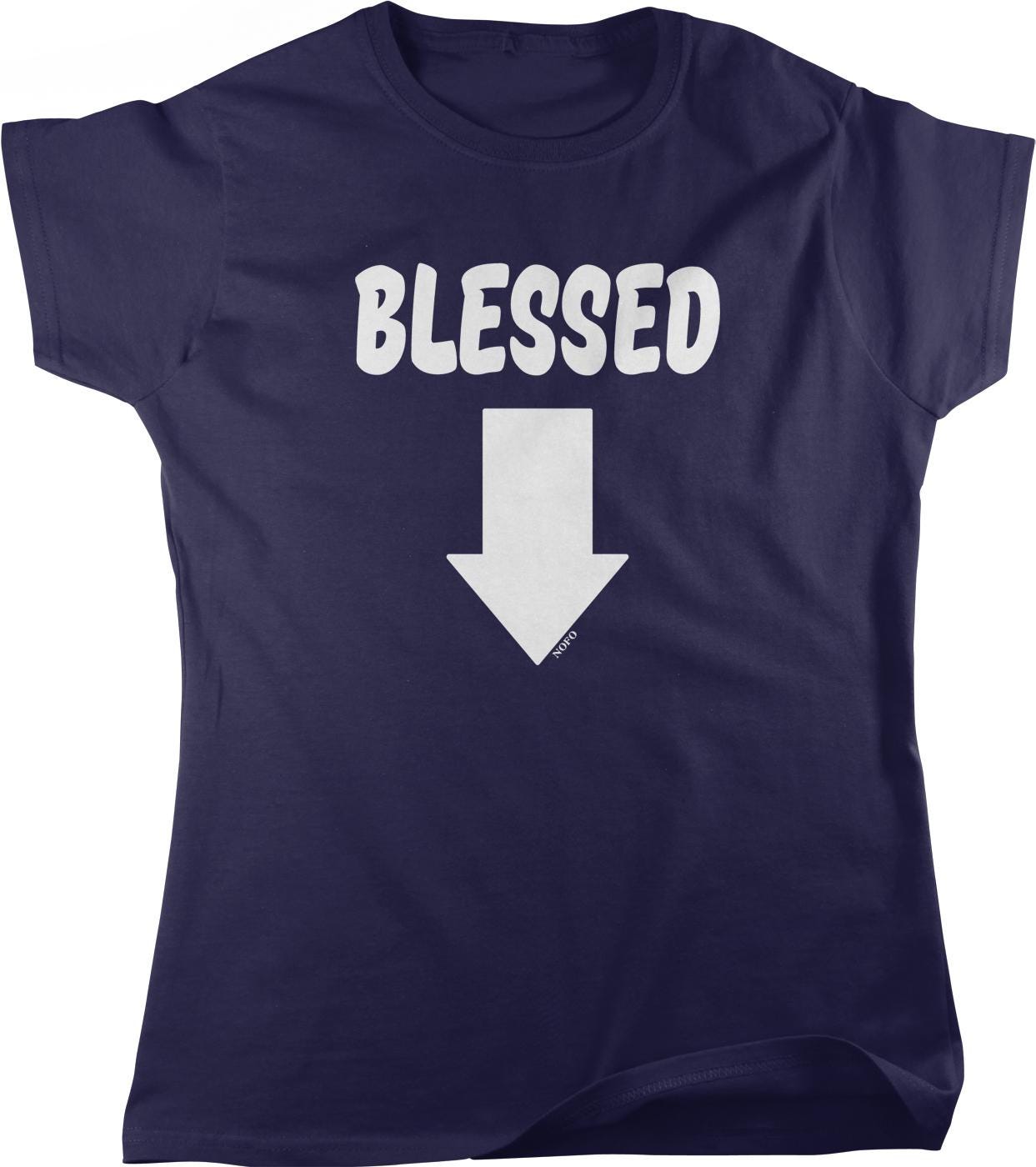 A navy blue t-shirt with the text "BELLESSED" and a white downward-pointing arrow graphic printed on it.