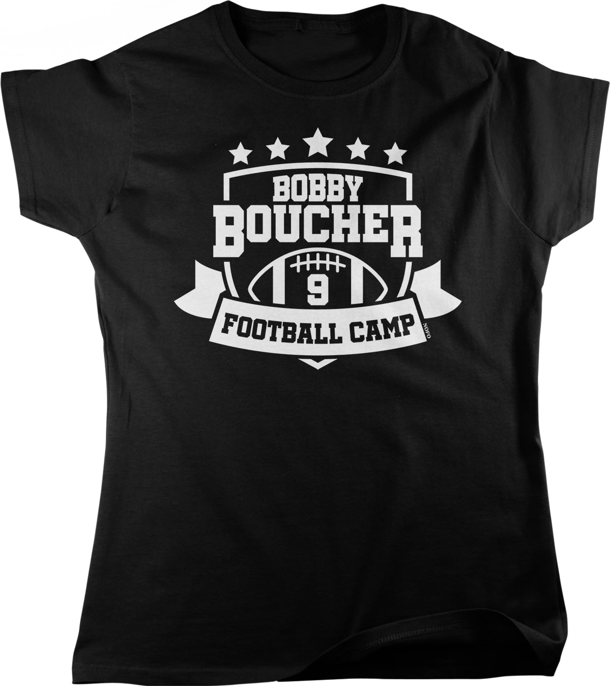 A black t-shirt with a white graphic design featuring the text "BOBBY BOUCHER" and "FOOTBALL CAMP" along with a football image.