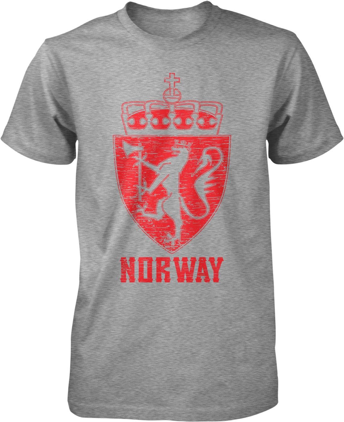 A gray t-shirt with a red graphic design depicting a shield with a crown and a lion, along with the text "NORWAY" below it.