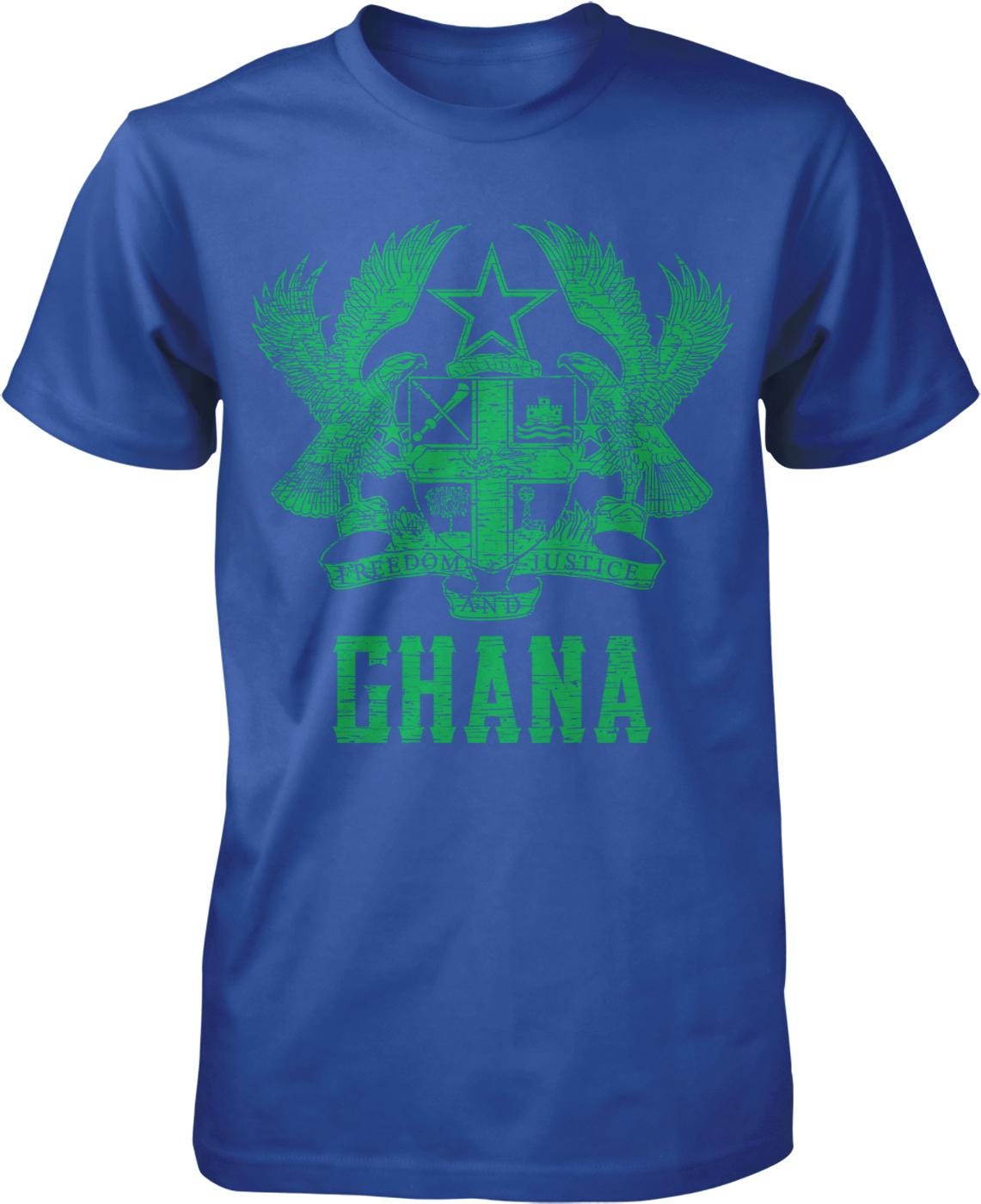 A blue t-shirt with a graphic design featuring a green emblem and the word "GHANA" printed on it.