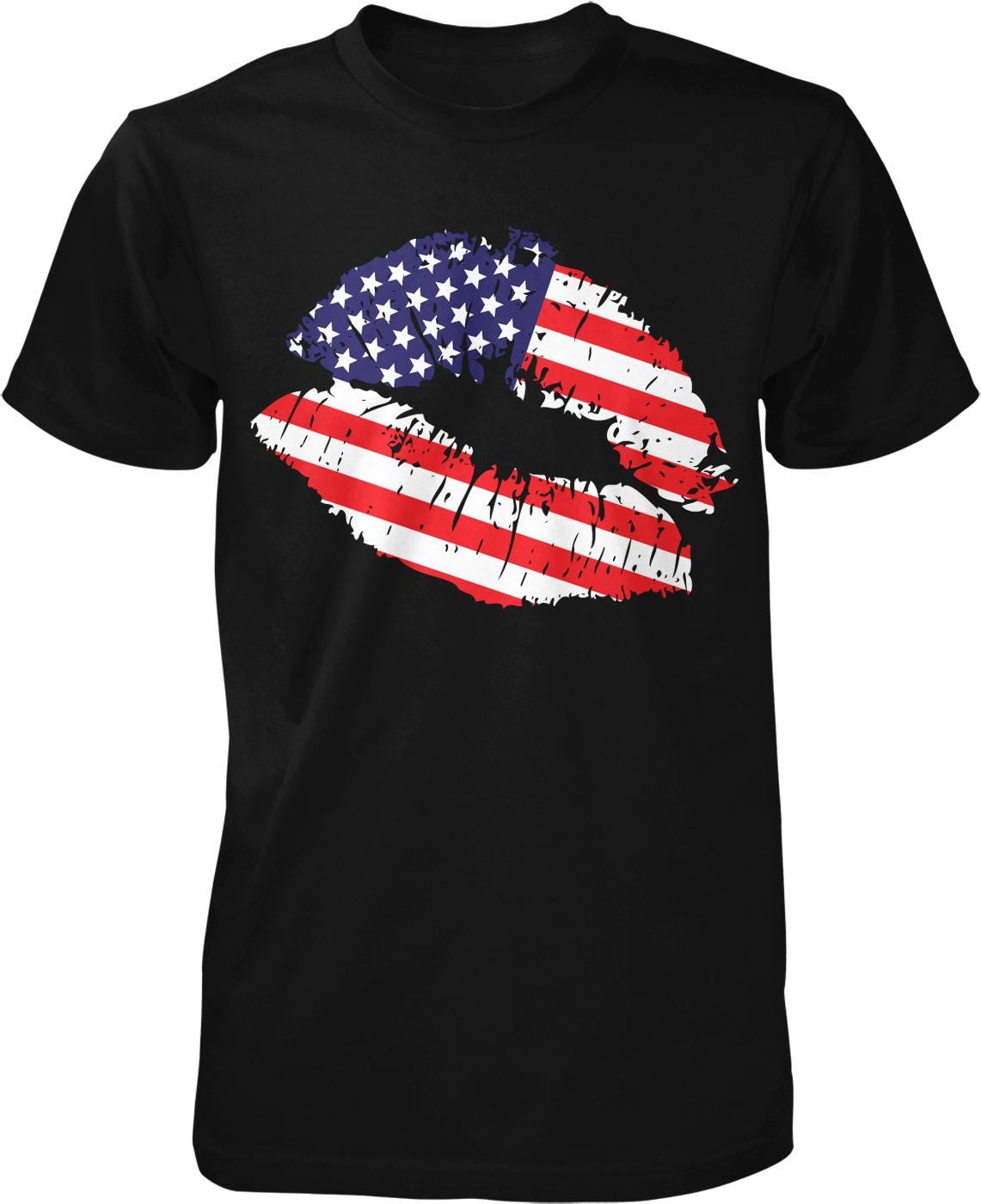 A black t-shirt with a graphic design depicting a pair of lips with the American flag pattern.