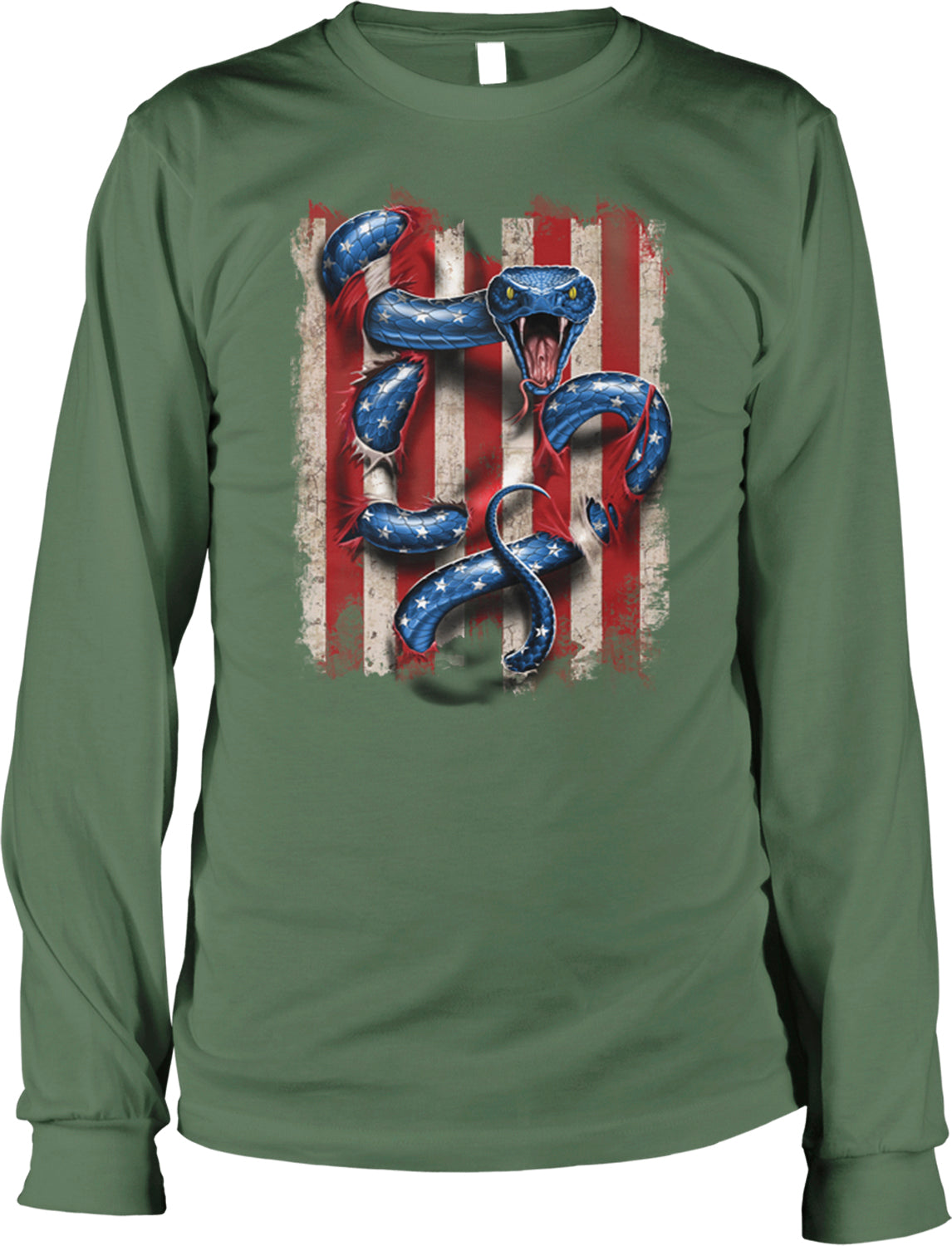 A green long-sleeved t-shirt with a graphic design depicting a blue snake with a snake-like body and a red and white striped background.