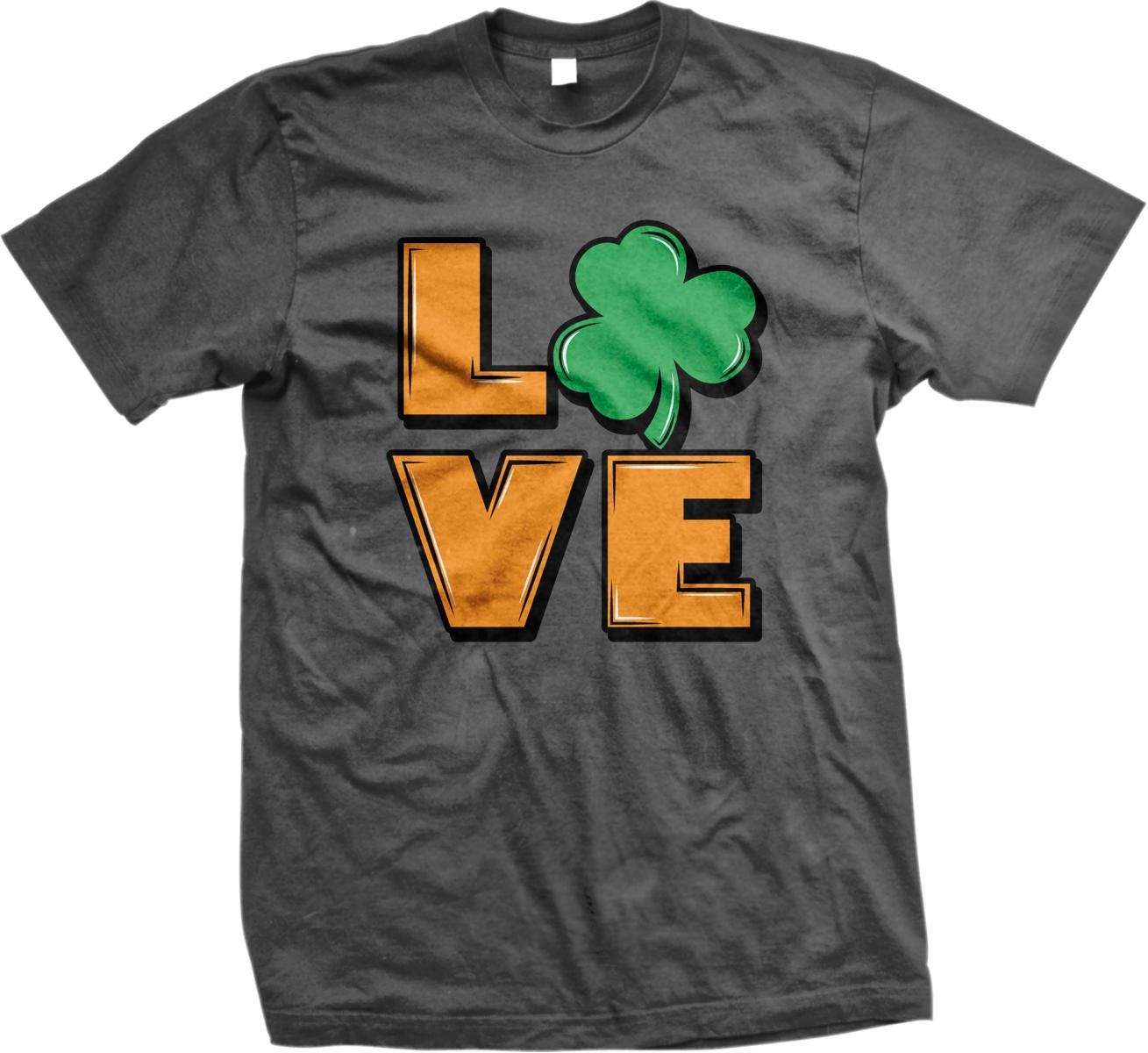 A grey t-shirt with the word "LOVE" and a green shamrock graphic printed on it.